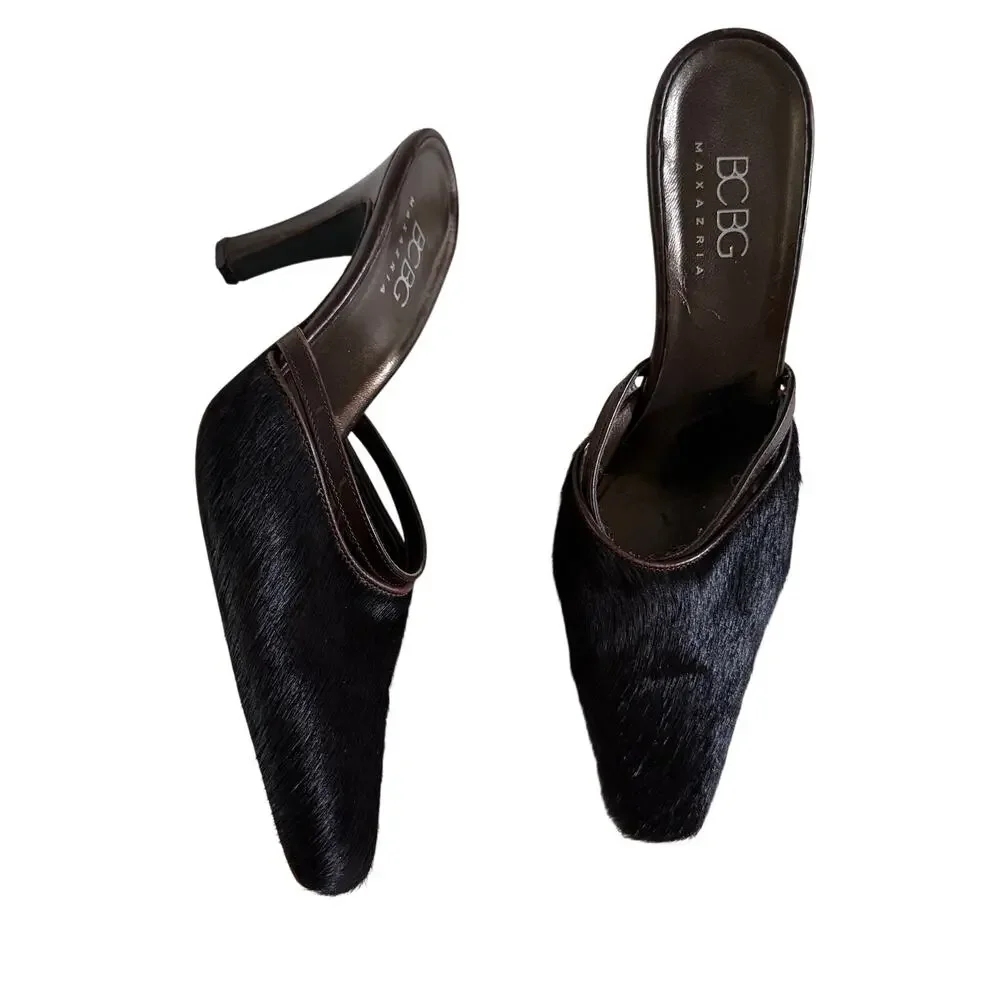 Y2K 2000s BCBG Dark Brown Calf Hair Leather Pointed Mules 7.5